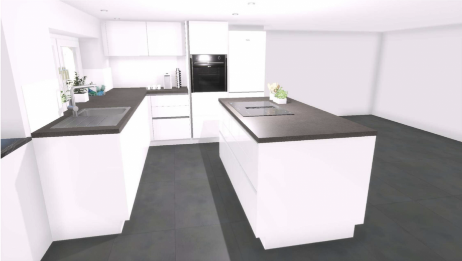 K�chenplan - Schneewei� - Ansicht von der Speis aus Dachgeschosswohnung Gr�felfing